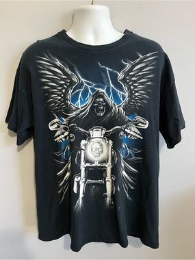 Gildan Men's Size XL Black Graphic Print T-Shirt - Grim Reaper on Motorcycle